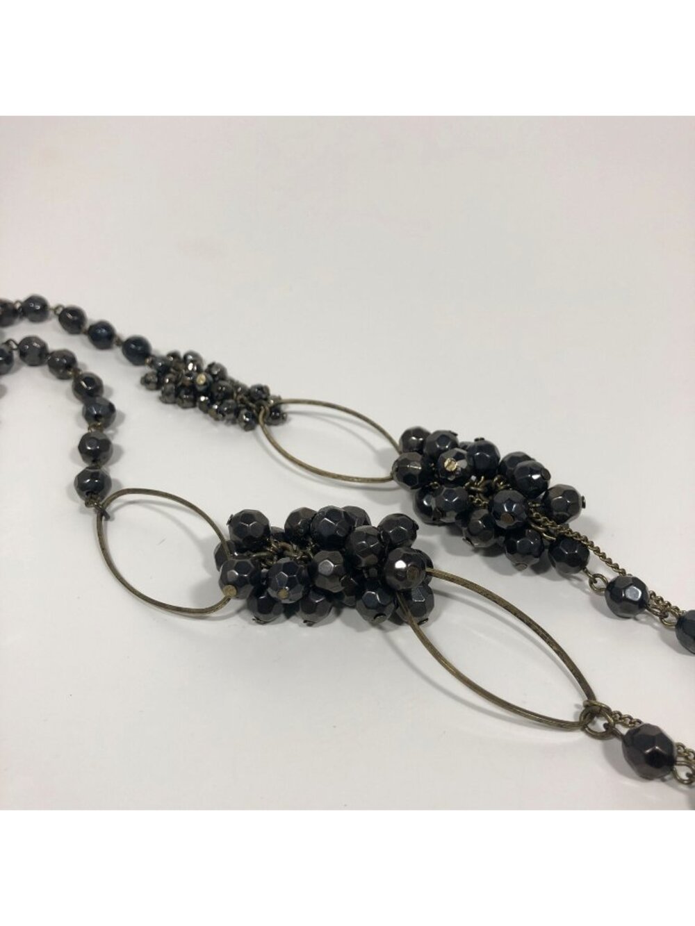 Black Faceted Bead Cluster Statement Necklace Long Antique Gold Tone 38 inch